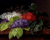 约翰劳伦茨延森 - White And Purple Lilacs Camellia And Beech Leaves On A Marble Ledge
